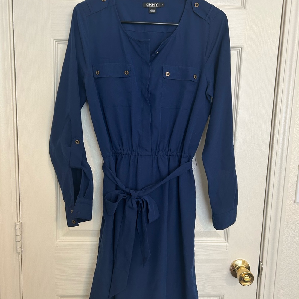 Dkny Blue Long Sleeve Buttoned Tie Front Dress